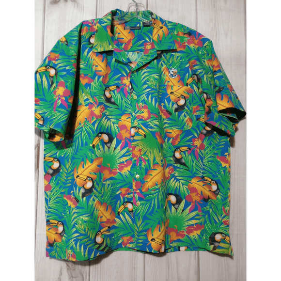 Blue Generation Shirt Men's Large Green Button Front Short Sleeve Tropical Birds - Picture 1 of 7
